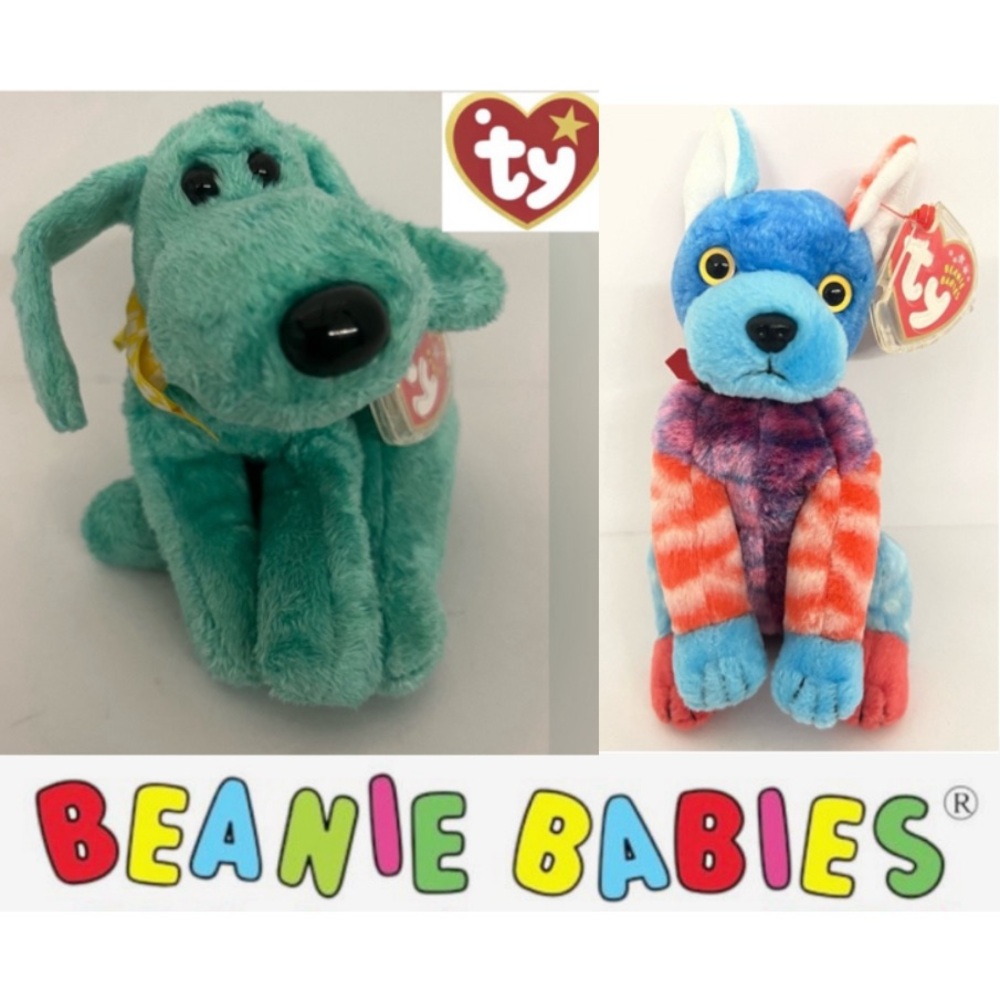 Ty Plush Duo: Teal and Multicolored Dogs